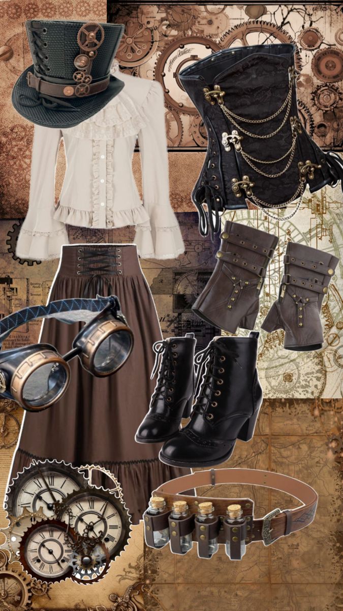 #steampunk #aesthetic #cute #collage #outfit Steampunk Fashion Accessories, Aesthetic Steampunk Outfit, Steampunk Outfit Aesthetic, Steampunk Fashion Aesthetic, Steampunk Goth Outfits, Steam Punk Outfits Women, Steampunk Aesthetic Outfit, Casual Steampunk Outfits, Steampunk Accessories Women