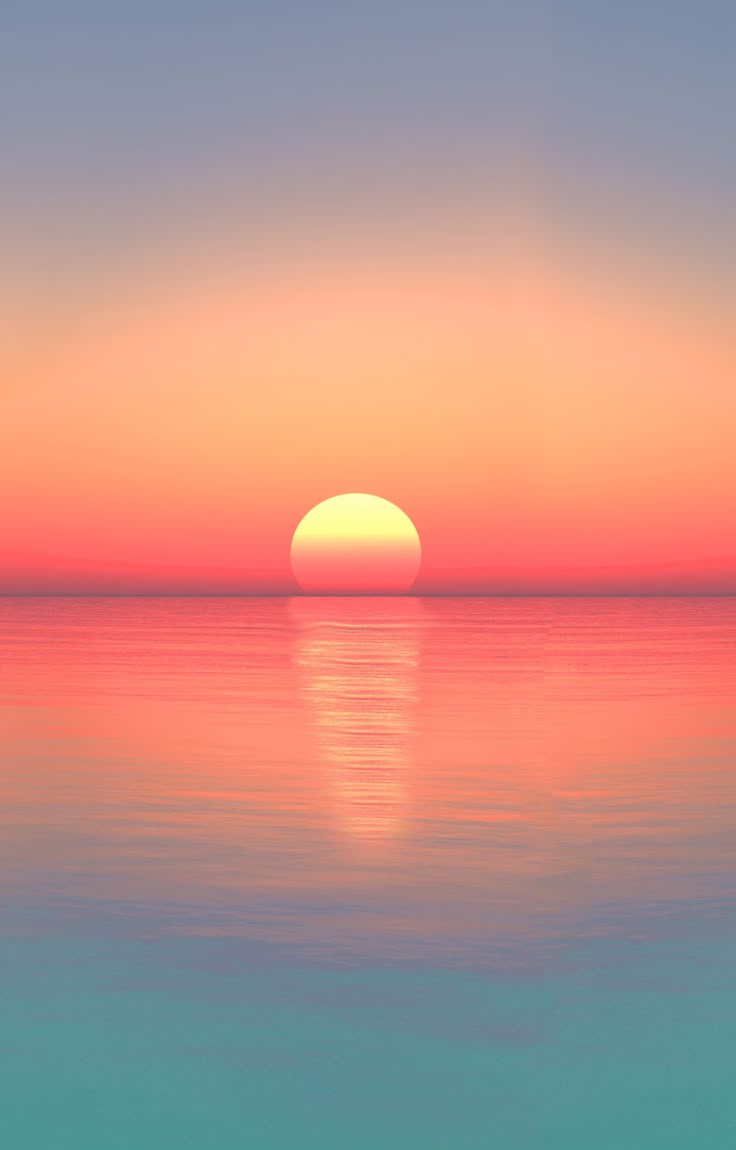 the sun is setting over the ocean with calm water and bright colors in the sky