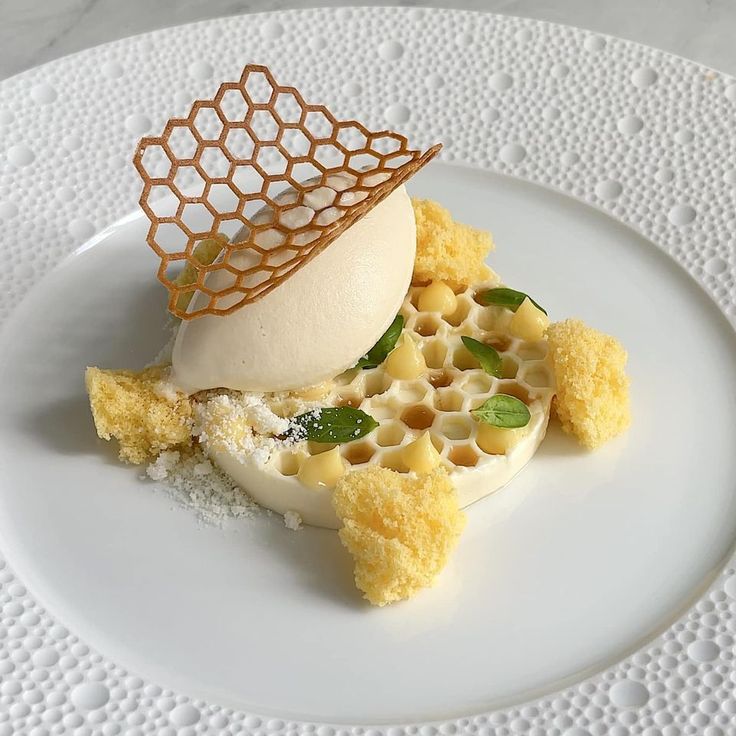 a white plate topped with an ice cream dessert