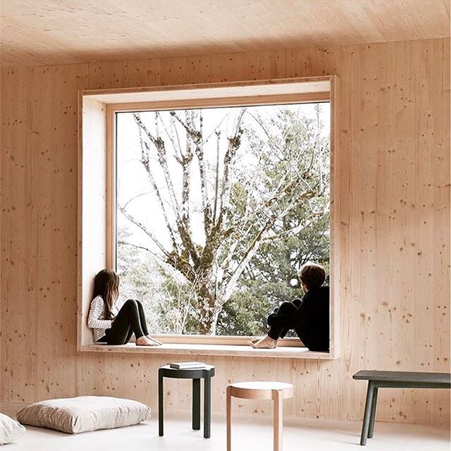 two people are sitting on the window sill looking out at the treetops outside