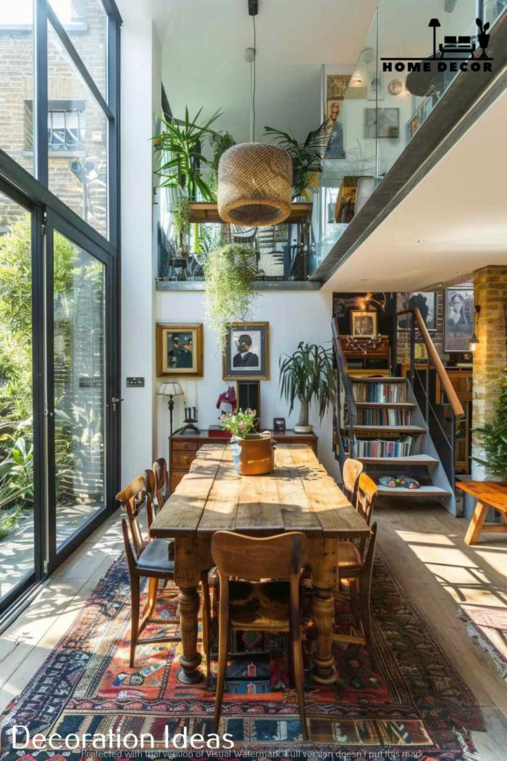 a dining room table surrounded by plants and books