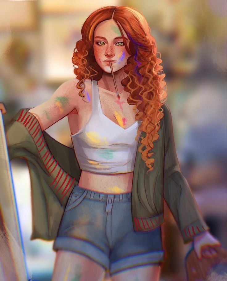 a digital painting of a woman with red hair and piercings holding a surfboard