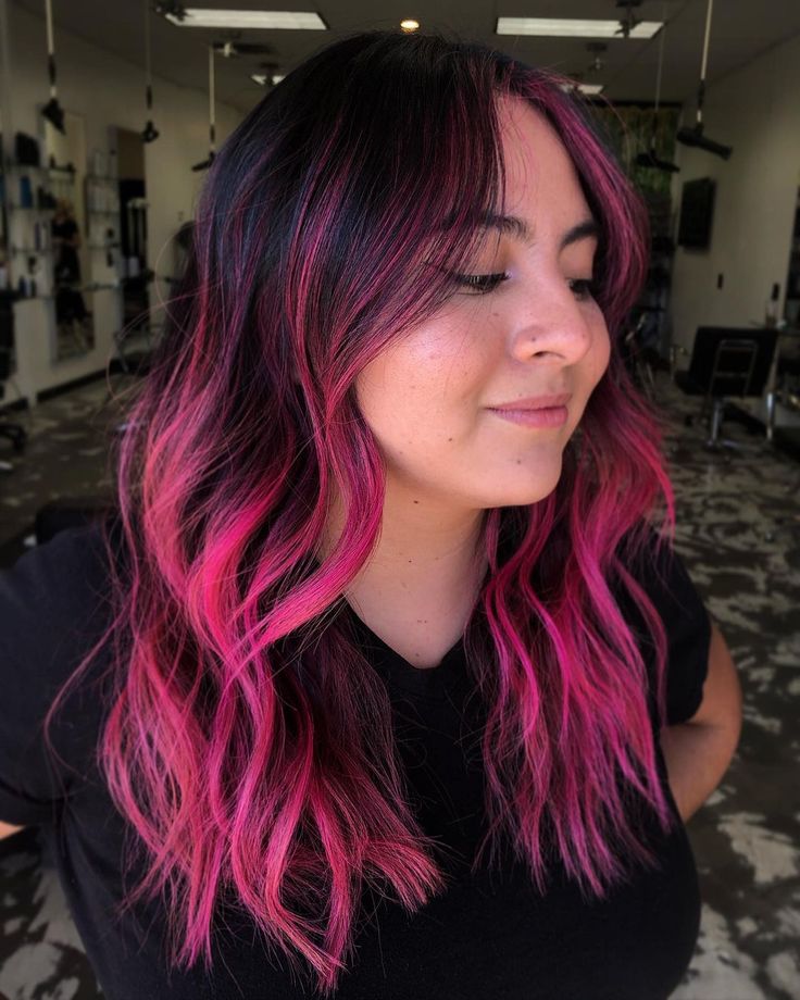 19 Hottest Black Hair with Highlights Trending in 2021 Dyed Hair Not Roots, Money Piece Balayage Pink, Pops Of Color Hair Brunette, Black With Pink Money Piece, Vivid Underneath Hair, Brown Hair With Vivid Color, Hair Color Pink And Black, Hot Pink Highlights In Black Hair, Hot Pink Hair Streaks