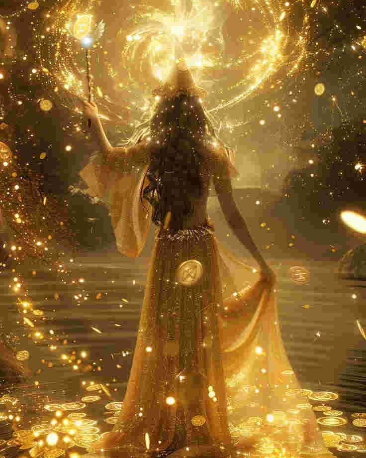 a woman standing in the water surrounded by fire and stars, with her arms outstretched