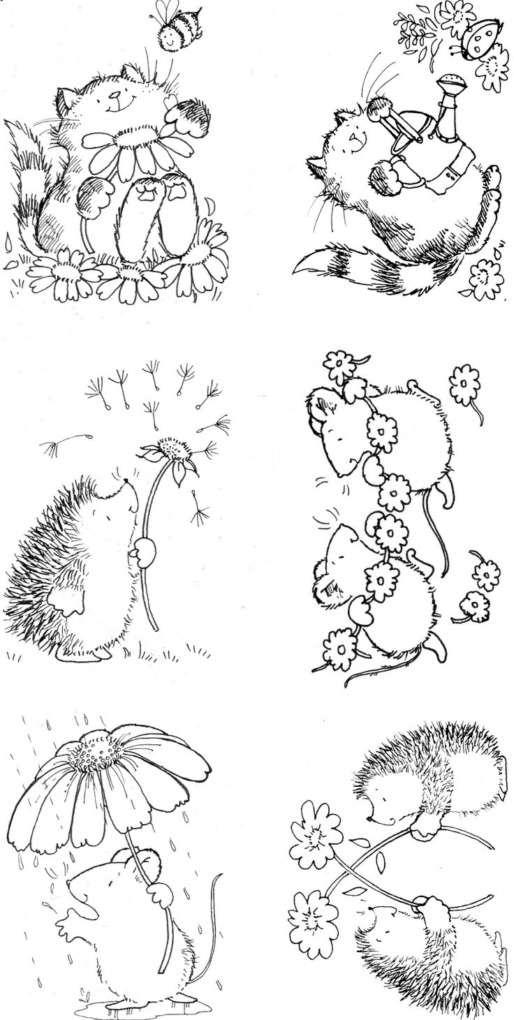 four different pictures of animals with umbrellas and flowers in their hands, all drawn by hand