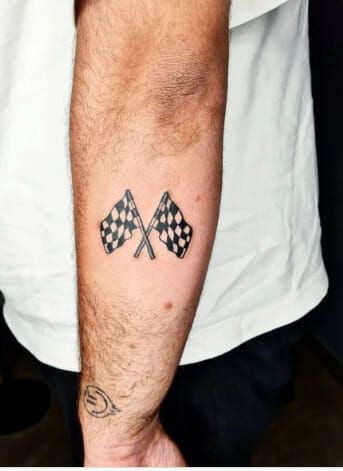 Race Flag Back Arm Tattoos Men Women Dirt Bike Number Plate Tattoo, Racing Flags Tattoo, Chequered Flag Tattoo, Racing Memorial Tattoo, Race Car Tattoo For Women, Checkered Flag Tattoo Women, Car Guy Tattoos For Men, Racing Tattoos For Men, Racing Flag Tattoo