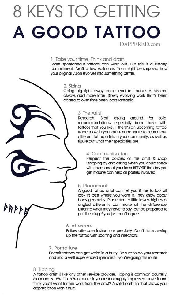 an image of a person's face with the words 8 keys to getting a good tattoo