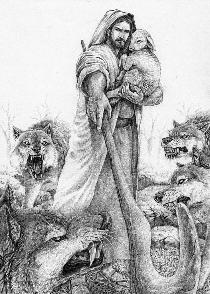 a drawing of jesus holding a baby in his arms surrounded by wolfs and lions