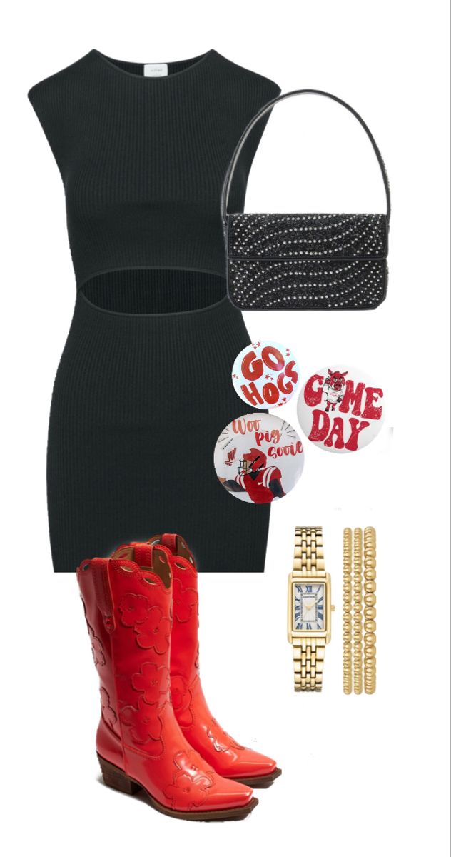 gameday ootd Black Dress Gameday Outfit, Red Black And White Gameday Outfit, Red And Black Gameday Outfit, Uark Gameday Fits, Red And Black Game Day Outfit, Red Gameday Outfit, Black Gameday Outfit, Uga Outfits, Red Game Day Outfit