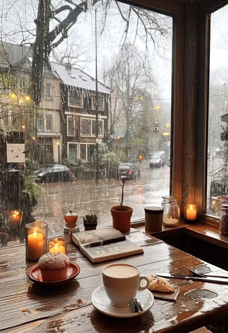 a wooden table topped with a cup of coffee next to a window covered in rain