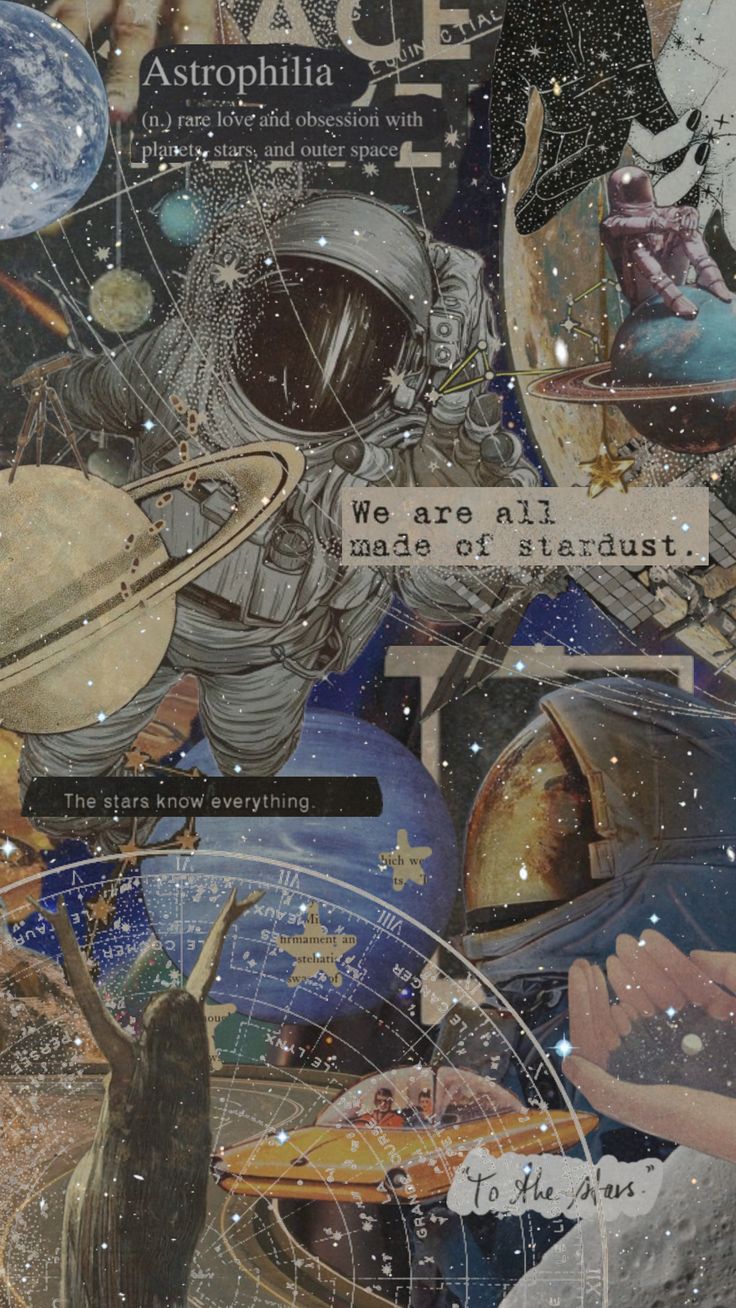 a collage of space related images and words