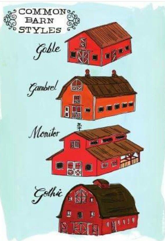 an image of different types of barn style houses in red and brown colors on blue background