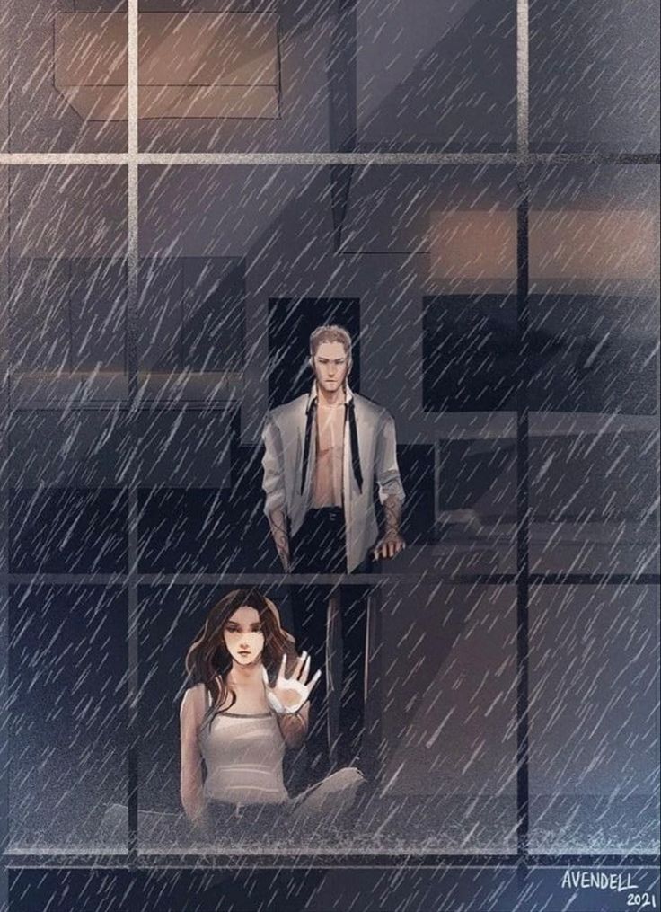 a man and woman standing in front of a window with rain falling down on them