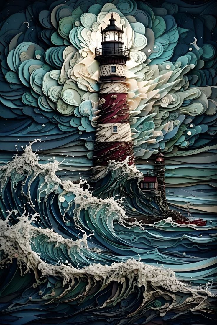 a painting of a lighthouse in the ocean with waves coming up from it's base