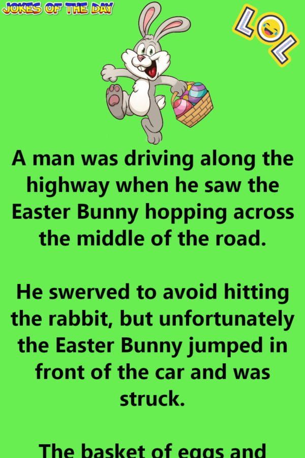 an easter bunny saying that he is driving along the highway with his basket and eggs