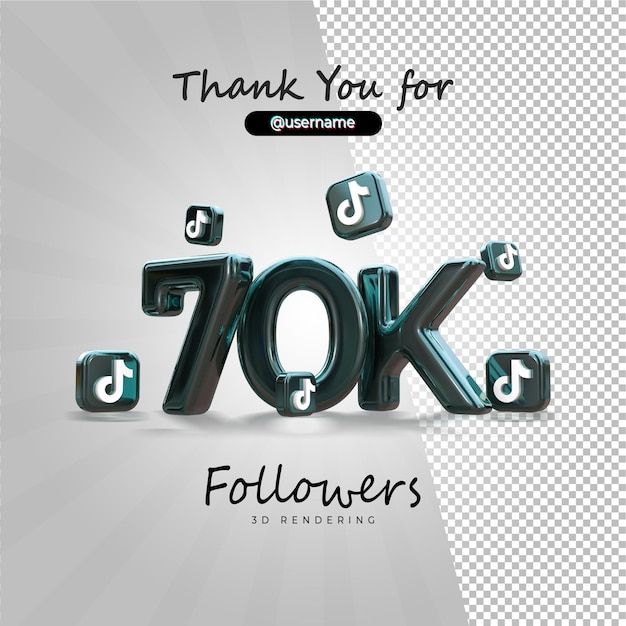 thank you for 70k followers with 3d letters and music notes in the background,