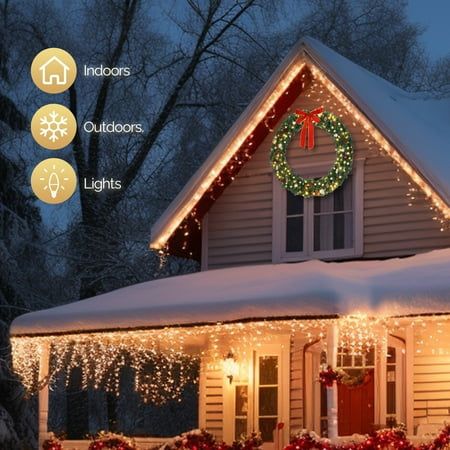 a house covered in christmas lights and wreaths with the words holiday lights on it