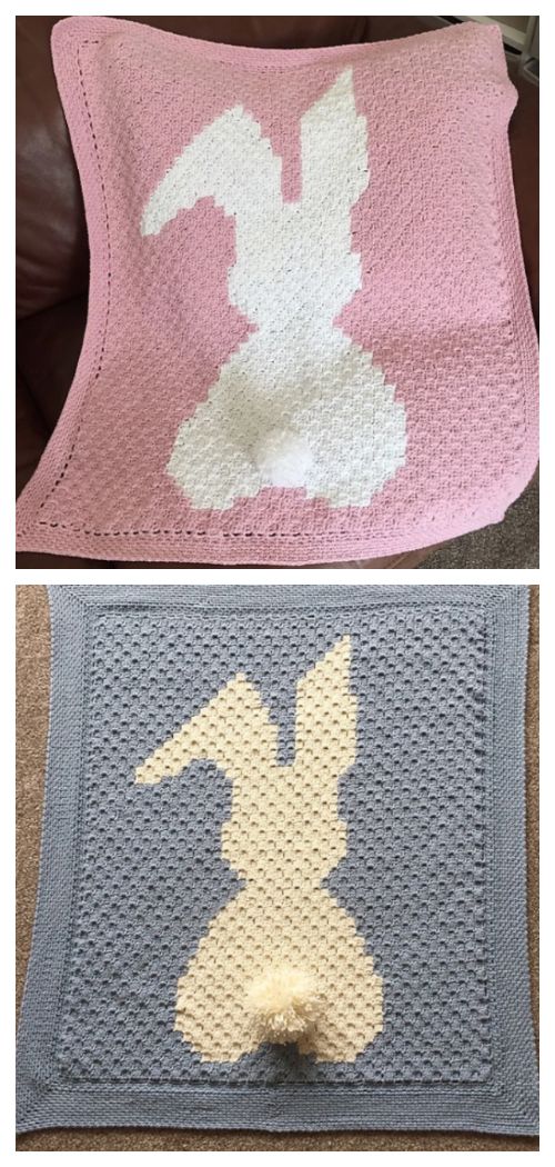 crocheted rugs with bunny ears on them are shown in two different colors