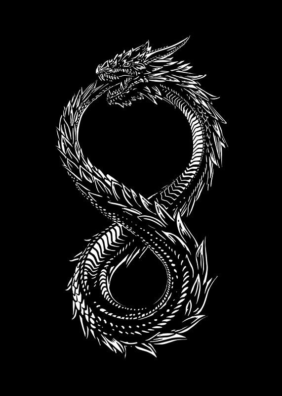 a black and white image of a dragon on a black background with the letter 8