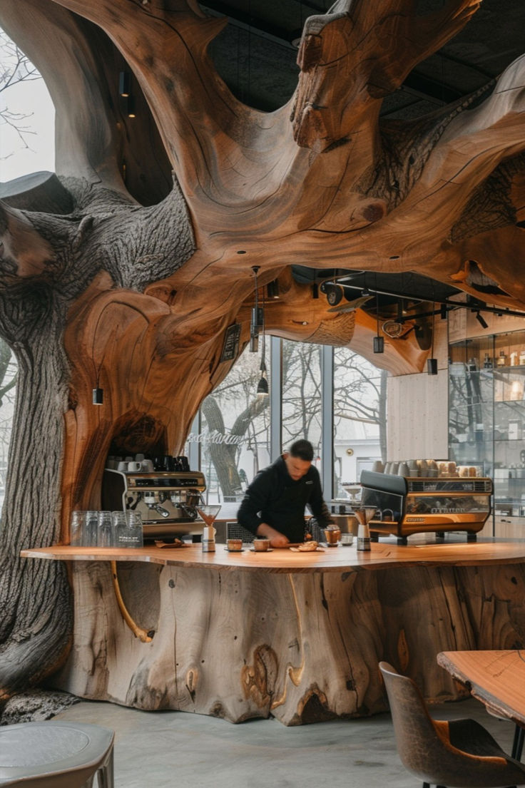 a person sitting at a wooden table in front of a tree trunk structure that looks like it has been cut open