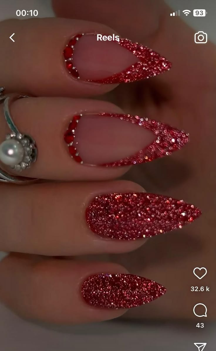 Red Sparkly Nail Designs, Red And Sparkle Nails, February Nail Designs Valentines Day, Short Red Chrome Nails, Red Blinged Out Nails, Red Sparkle Nails Acrylic, Red Gem Nails, Christmas Nails Red Glitter, Red Glittery Nails