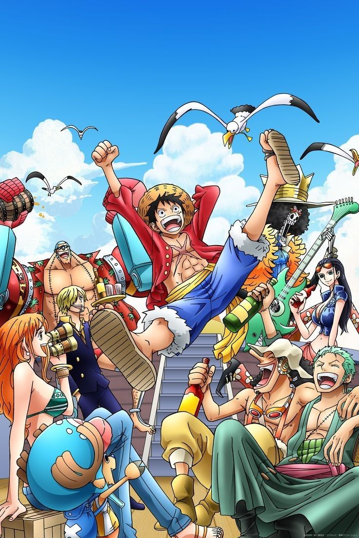 one piece characters are surrounded by birds and seagulls