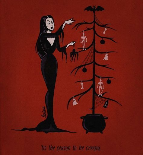 a drawing of a woman standing next to a christmas tree with decorations on it and the words, its the season to be creepy