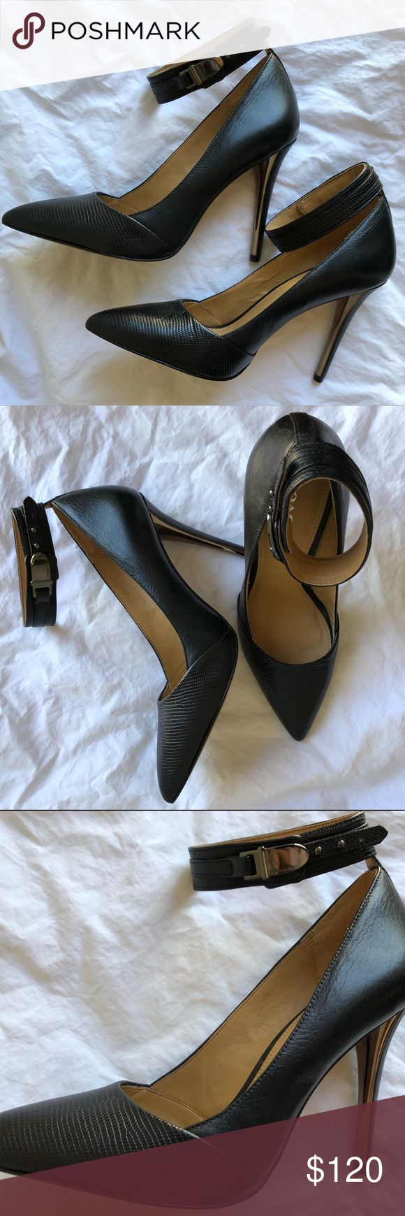 Womens COACH Black pumps ✨Coach Harbor Heels✨. Brand new condition. Worn just around the house a two times to break them in. Never worn outside or for more than 10 min. Very minimal wear on bottom from inside the house and the right shoe has a tiny leather wrinkling. I no longer have the box.   Material: Black heels- Textured snake skin like pattern on the toe and buckle. Leather Upper And Leather Outsole 4.5 inch heel height with mirrored heel on the inside. Gunmetal hardware details Coach Shoes Heels Coach Heels, Gunmetal Hardware, 5 Inch Heels, Coach Shoes, Black Pumps, Black Heels, Snake Skin, The House, Kitten Heels