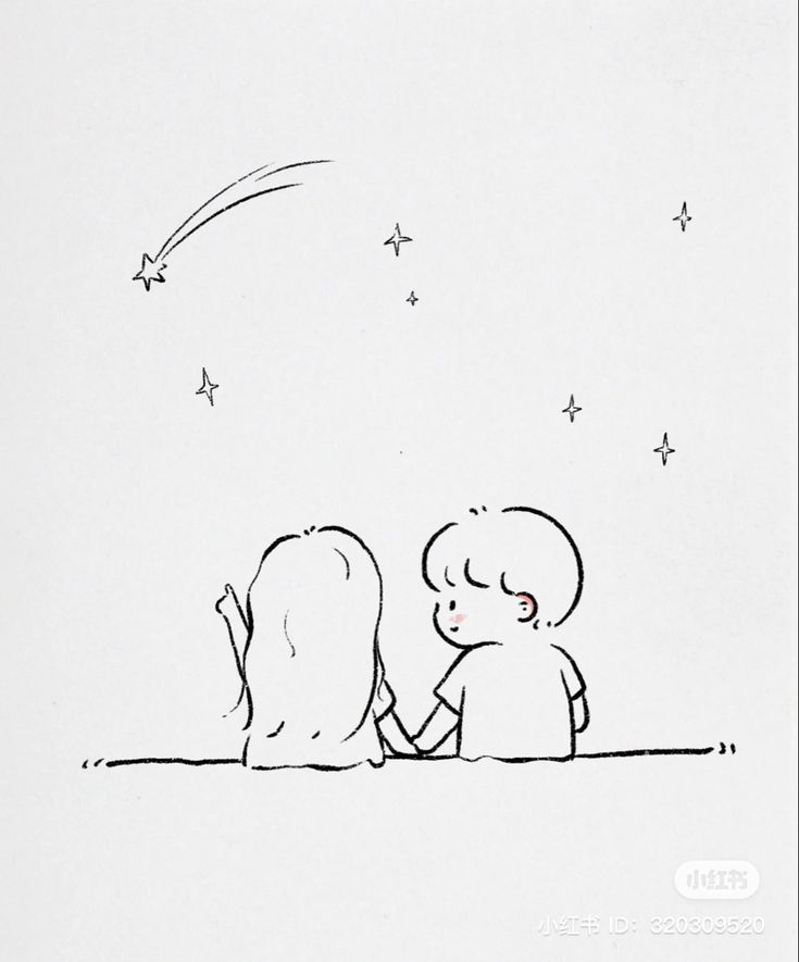 a black and white drawing of two people sitting on the ground under a star filled sky