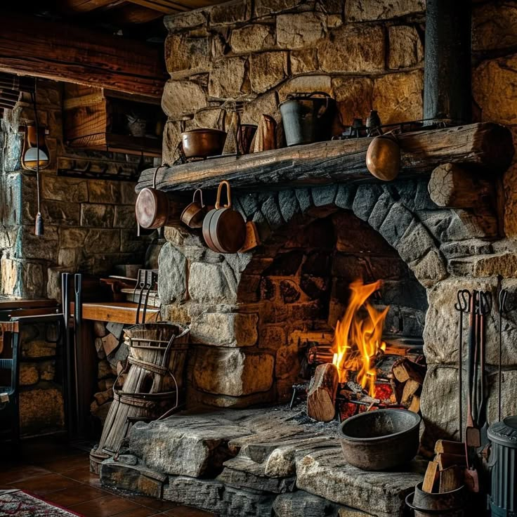 an old stone fireplace with pots and pans on it's mantle in a rustic kitchen