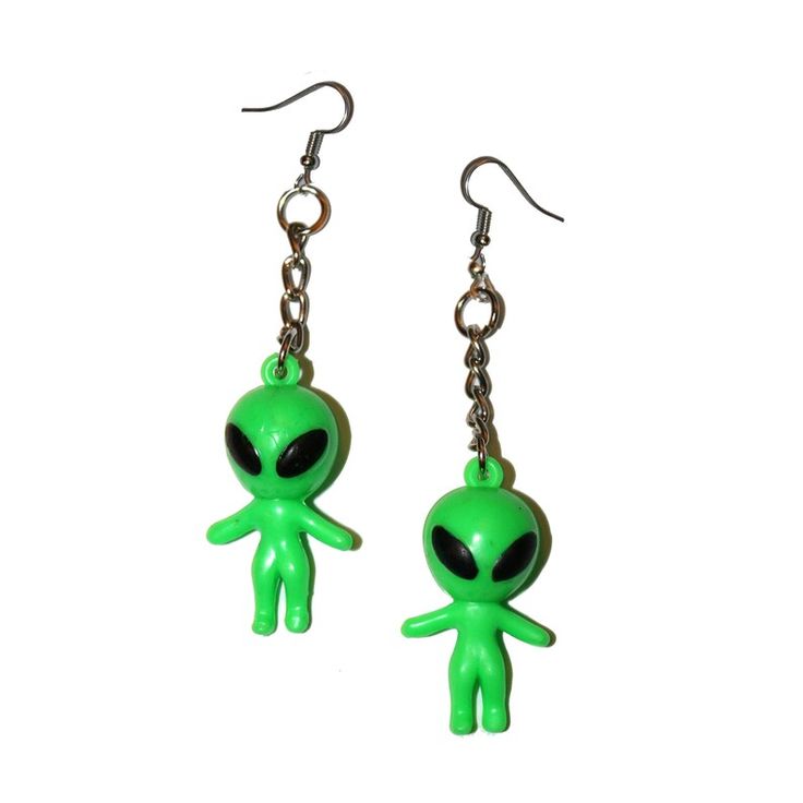 a pair of green alien earrings with black eyes