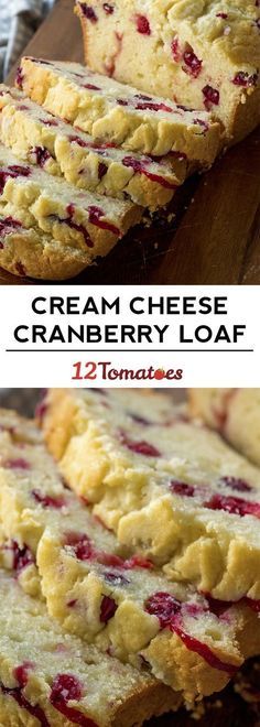 cranberry loaf with cream cheese on top, and another photo of the bread