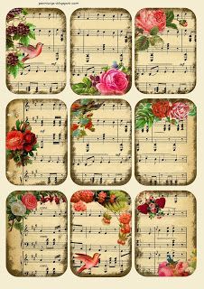 vintage sheet music with roses and birds on them, all in different shapes and sizes