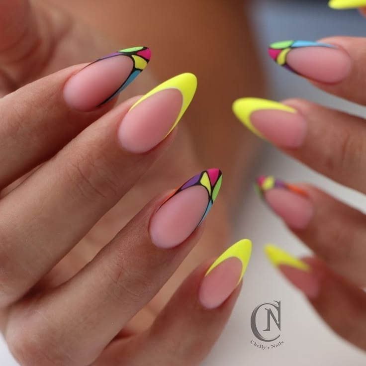 2023 Nail Trends Almond Shape, August Stiletto Nails, Almond Rainbow Nails, Hot Summer Nails Neon, Funky French Nails, Black And Neon Nails, Neon Nails Ideas, Neon Nail Ideas Summer, Neon Nail Ideas