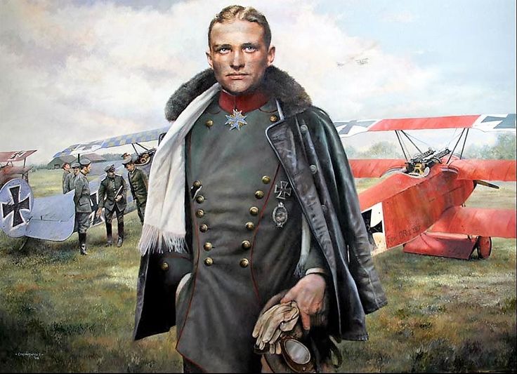 a painting of a man in uniform standing next to an airplane with other planes behind him