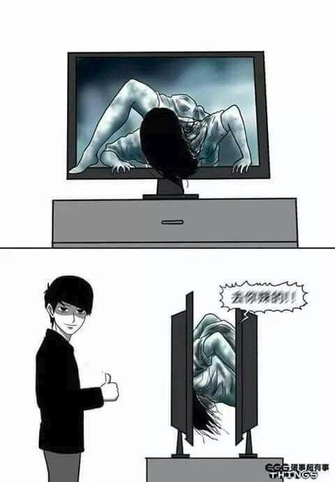 a comic strip with a man standing in front of a tv