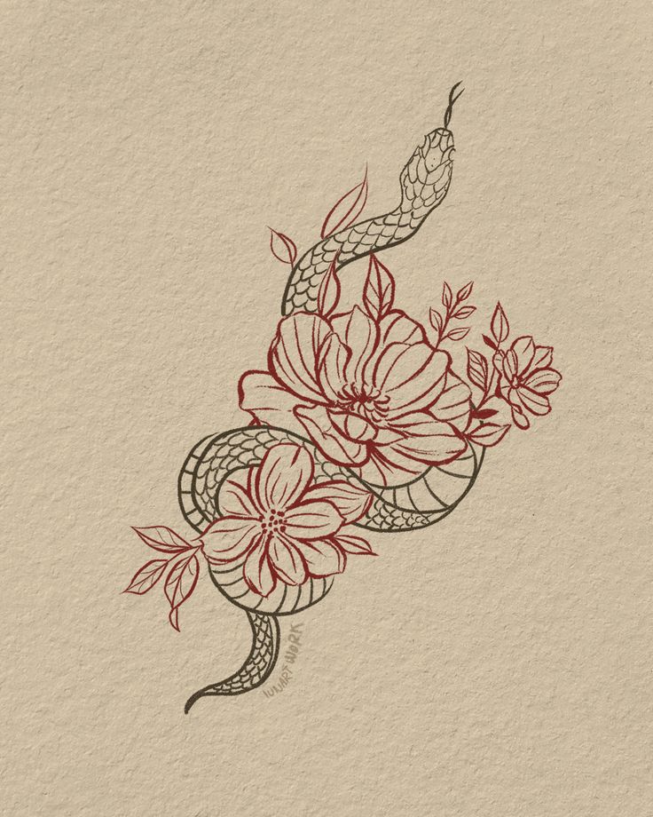 a drawing of a snake with flowers on it