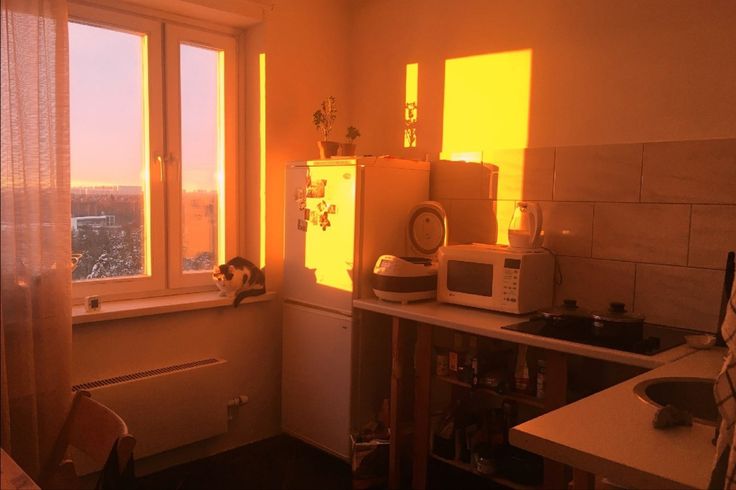 a kitchen with a sink, stove and microwave in it next to a window overlooking the city