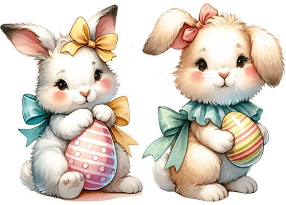 two cute little bunnies with easter eggs in their paws, sitting next to each other