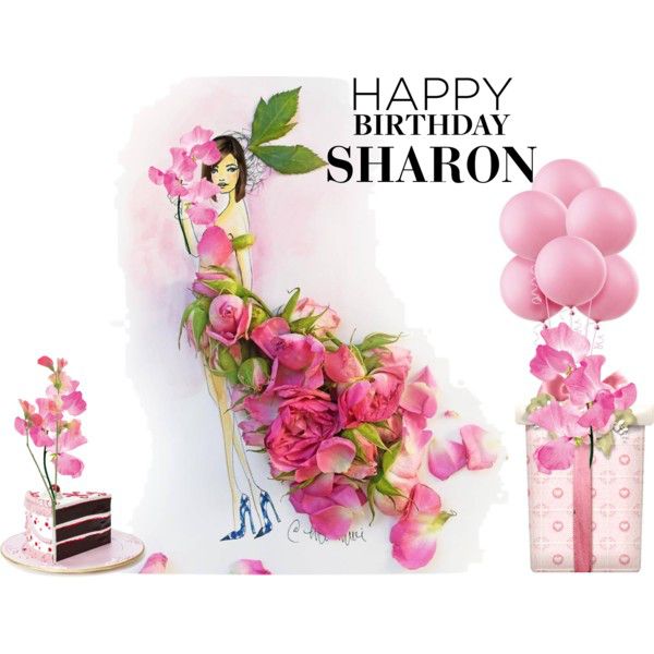 a birthday card with pink flowers, cake and balloons in the shape of a woman