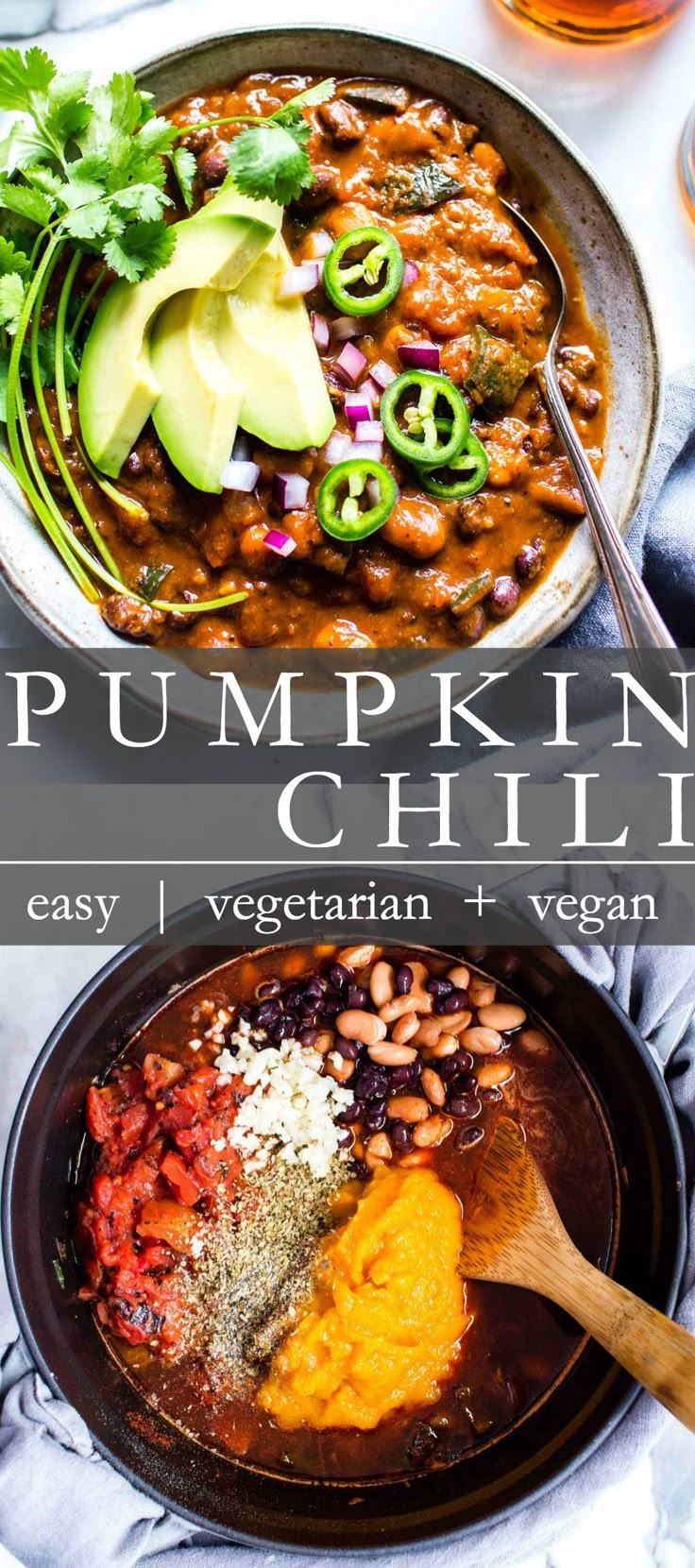 pumpkin chili with beans and vegetables in a skillet