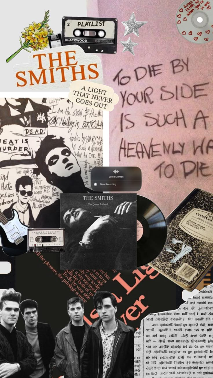 the smiths collaged together in black and white, with text on it