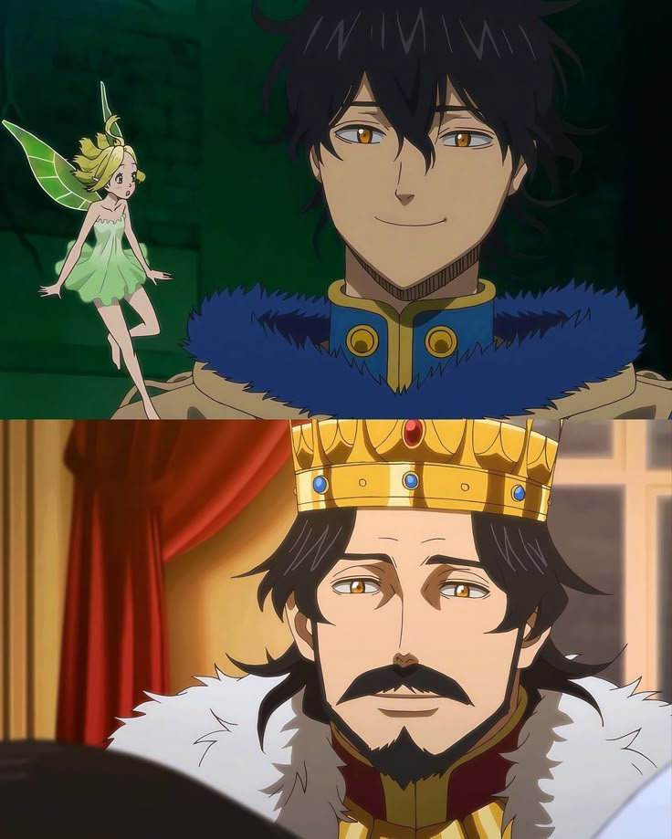 two anime characters, one wearing a crown and the other in costume