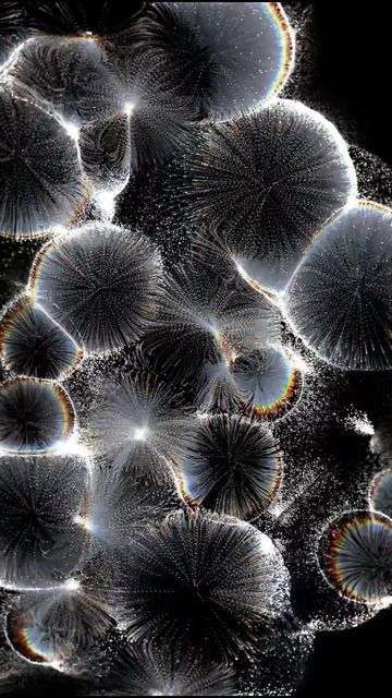 an image of many bubbles floating in the air with water droplets on it's surface