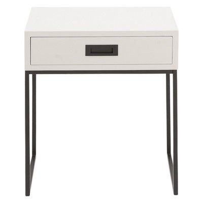 a white table with black legs and a drawer on the top, against a white background