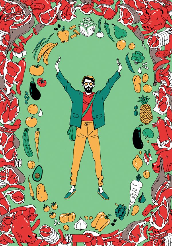 a man with his arms up in the air surrounded by fruits and vegetables on a green background