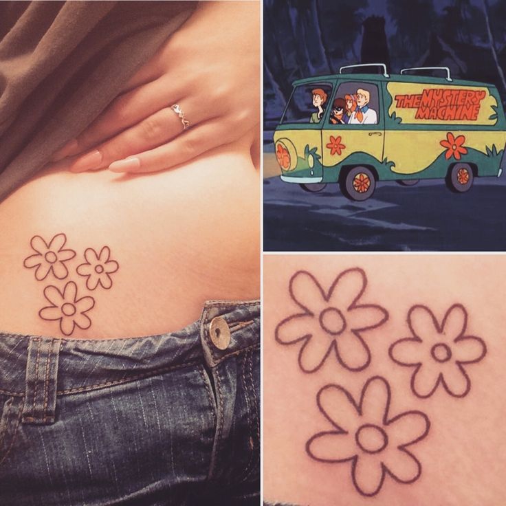 the back of a woman's stomach with flowers on it and an image of a van behind her