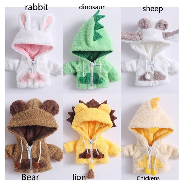 four different types of stuffed animals in hoodies