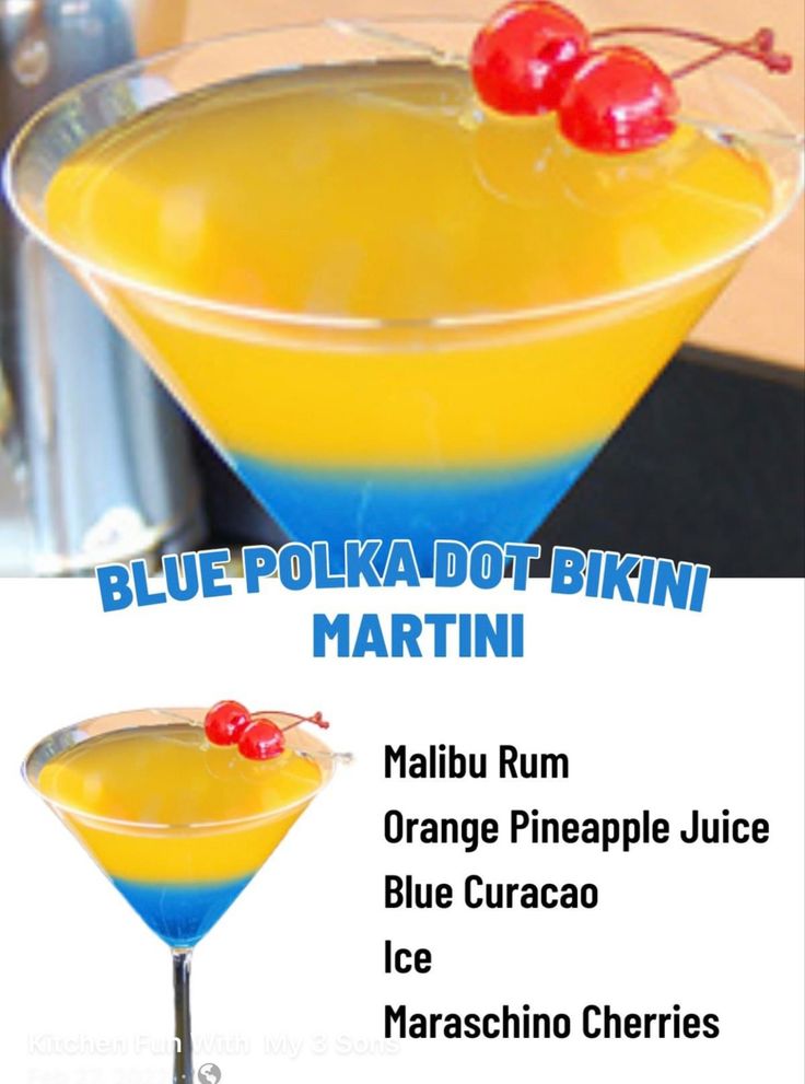 the blue pokadot - brin martini is served with orange pineapple juice and cherry garnish