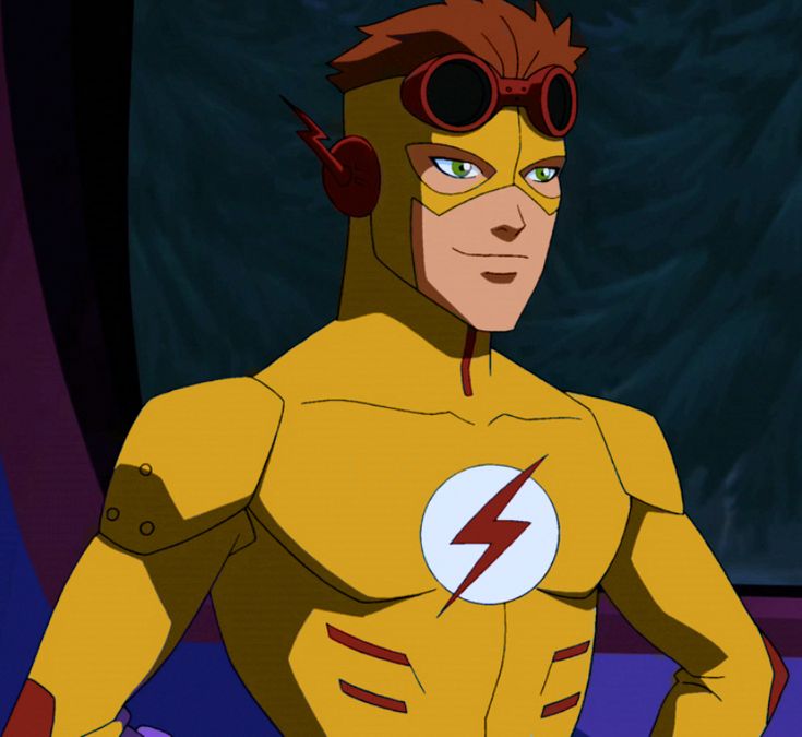 an animated man wearing goggles and a yellow suit with flash logo on his chest